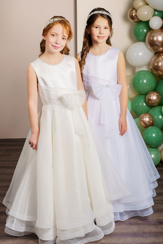 Girls Ivory or White Bow Organza Communion Dress - Style Ksenia