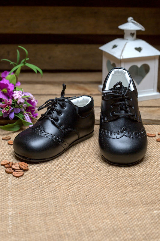 Boys Black Matt Brogue Leather Lace Up Shoes