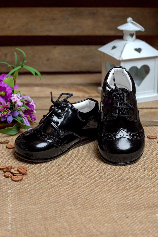 Boys Black Brogue Patent Leather Lace Up Shoes