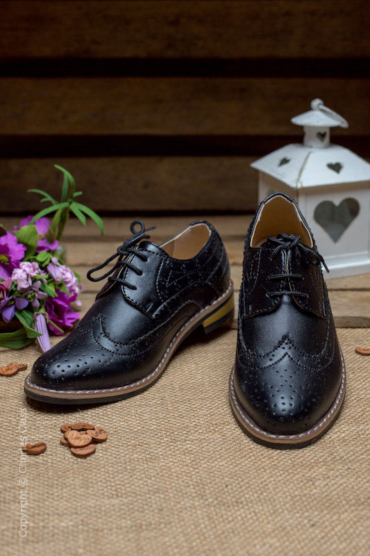 Boys Black Matt Brogue Leather Pointed Shoes