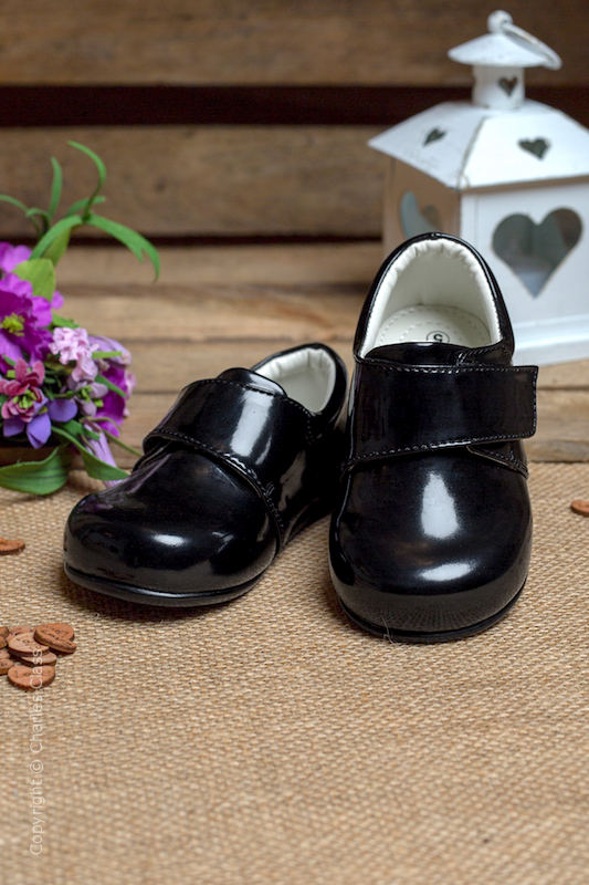 Boys Black Patent Leather Velcro Strap Shoes - Prince