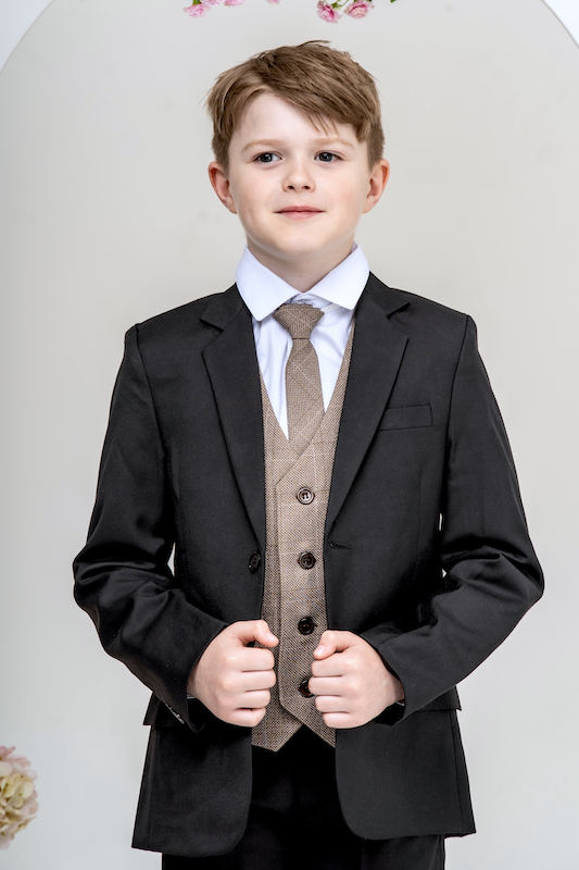 Boys Black Suit with Brown Check Tweed Waistcoat - Billy