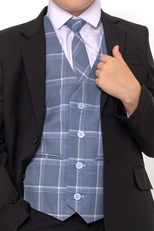 Boys Blue Chambray with Tartan Check Waistcoat & Tie