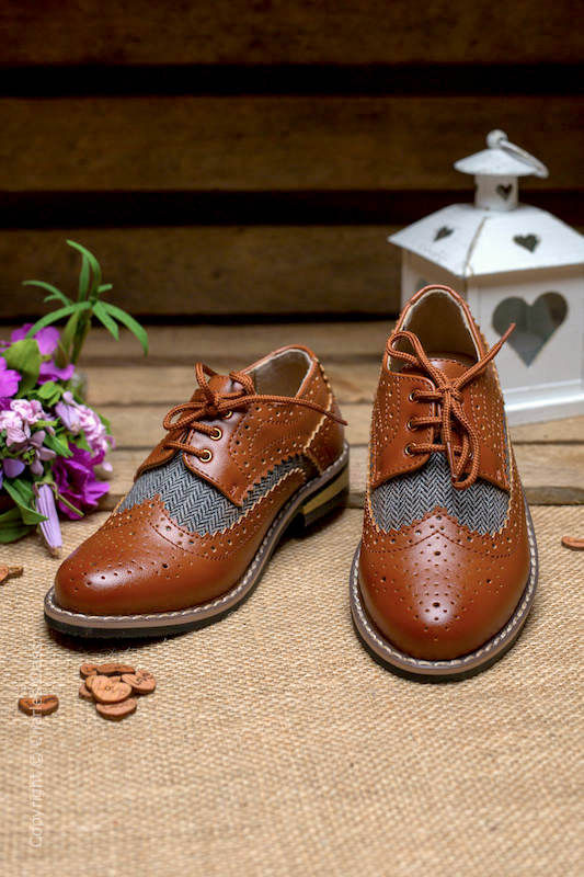 Boys Brown Tweed Brogue Leather Pointed Shoes