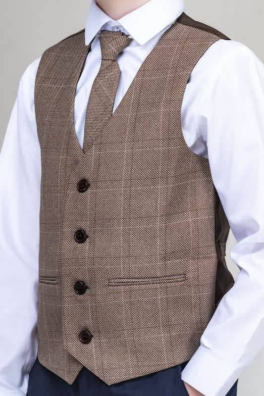 Boys Brown with Barleycorn Tweed Check Waistcoat & Tie