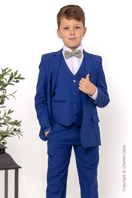 Boys Electric Blue Suit with Sage Green Check Dickie Bow - Barclay