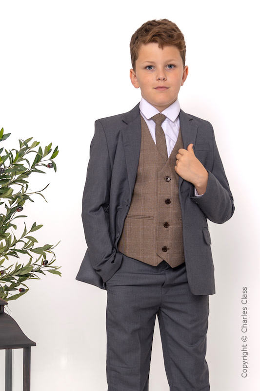 Boys Grey Suit with Brown Check Tweed Waistcoat - Ashby