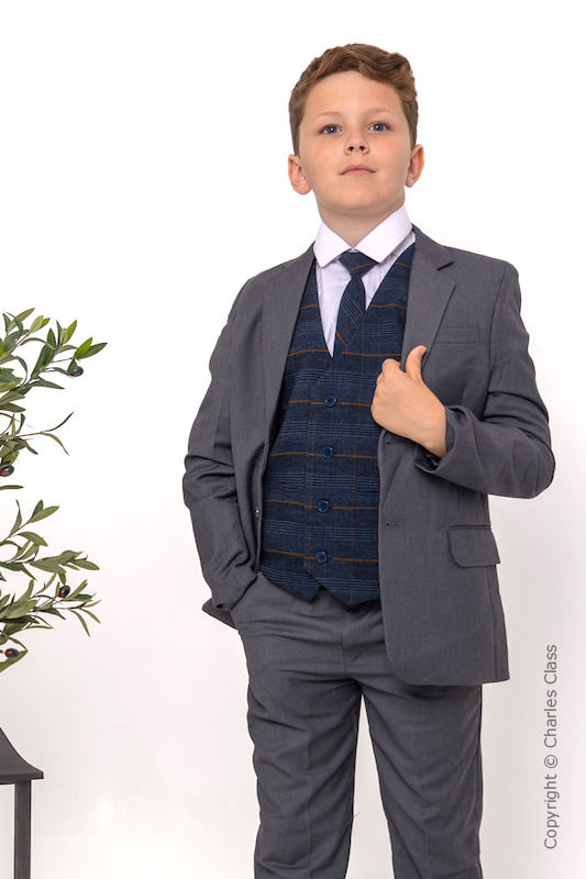 Boys Grey Suit with Navy Tartan Check Tweed Waistcoat - Dexter