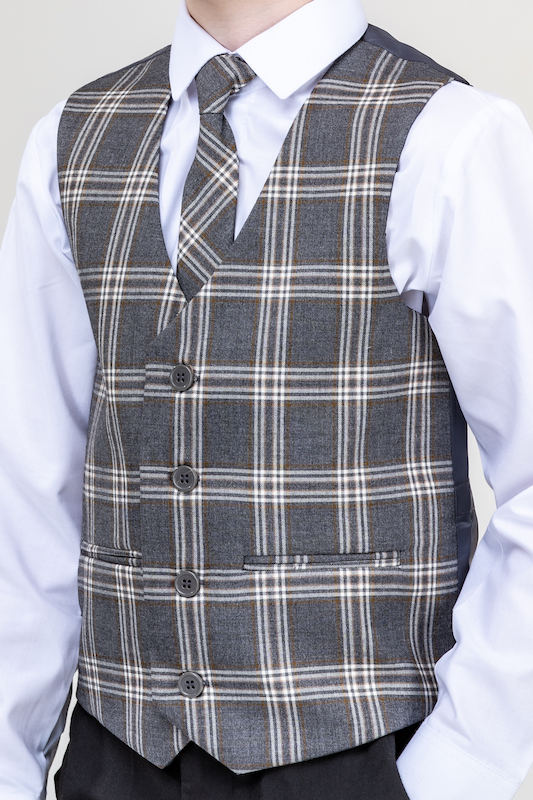 Boys Grey with Tartan Check Waistcoat & Tie