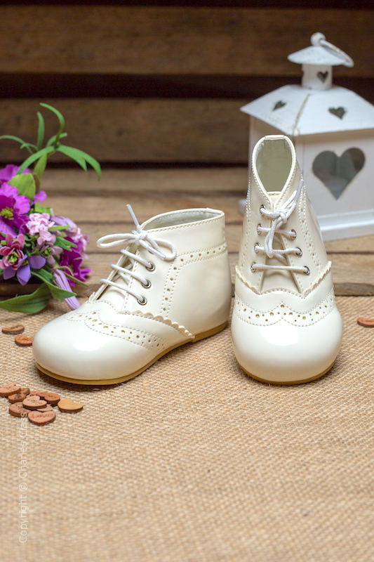 Ivory Brogue Patent Leather Lace Up Boots