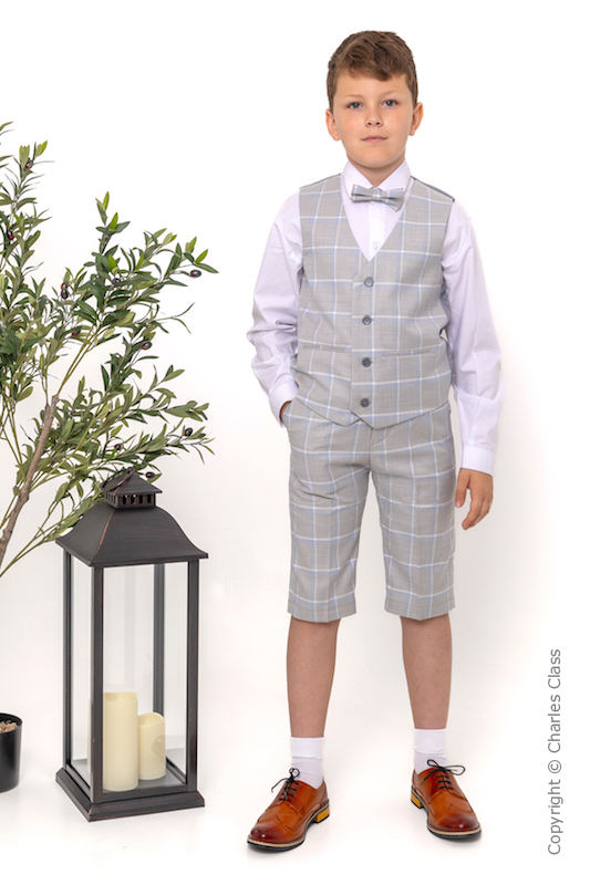 Boys Light Grey Tartan Check Shorts Suit - Luca