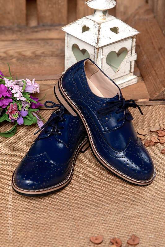 Boys Navy Brogue Leather Pointed Shoes