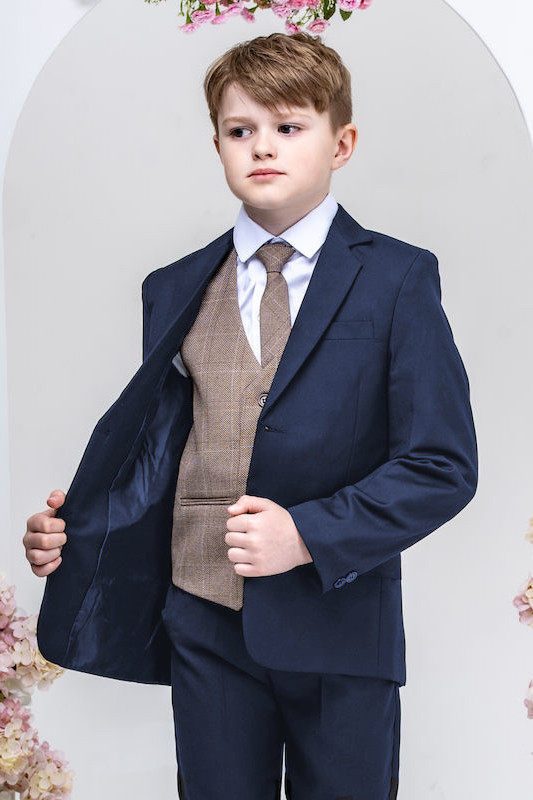 Boys Navy Suit with Brown Check Tweed Waistcoat - Oakley