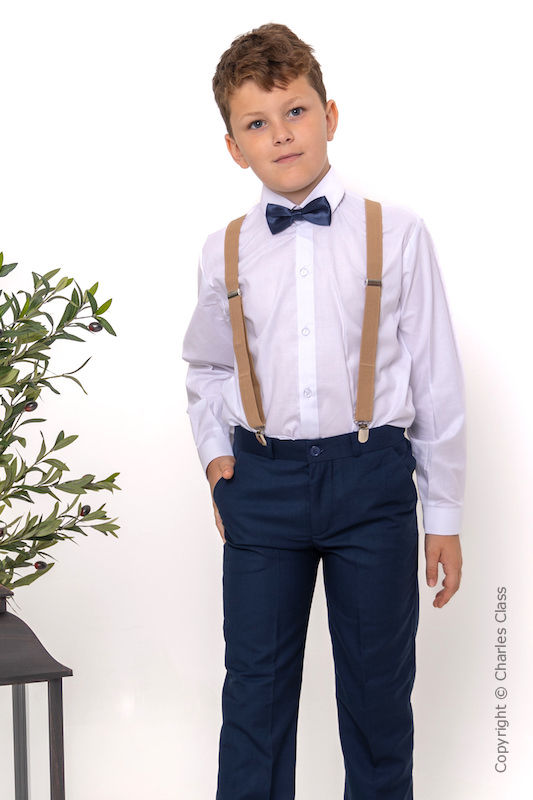 Boys Navy Trouser Suit with Beige Braces - Gregory