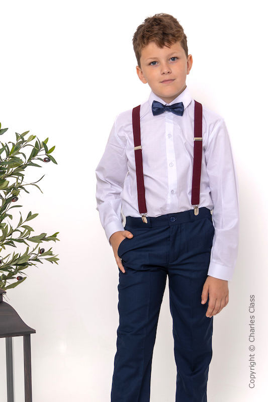 Boys Navy Trouser Suit with Burgundy Braces - Gregory