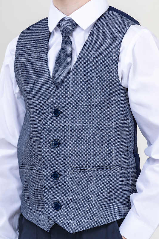 Boys Navy with Barleycorn Tweed Check Waistcoat & Tie