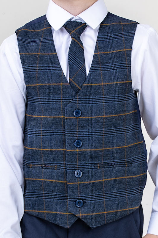 Boys Navy with Tartan Check Tweed Waistcoat & Tie