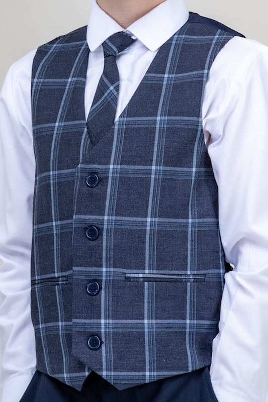 Boys Navy with Tartan Check Waistcoat & Tie