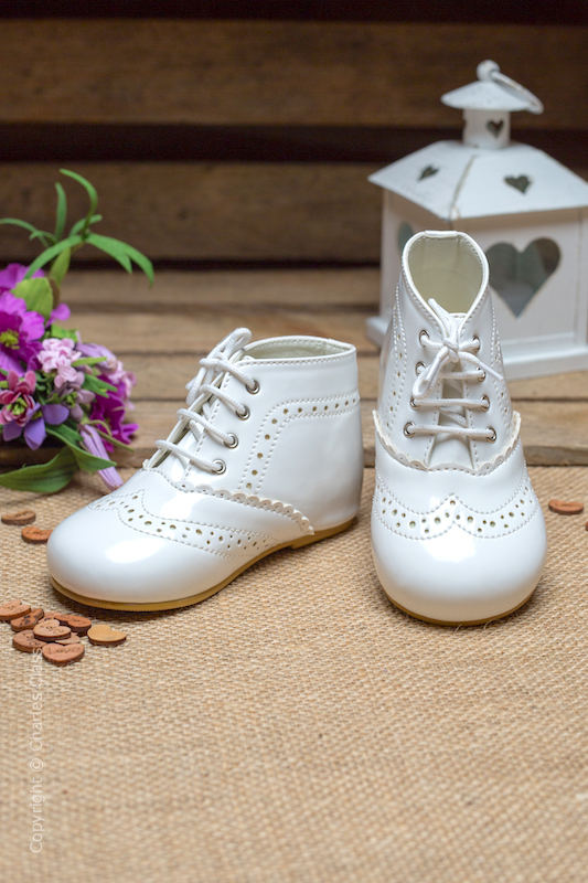 White Brogue Patent Leather Lace Up Boots