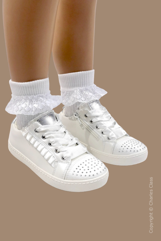 Girls White & Silver Sparkly Communion Trainers - Cerri