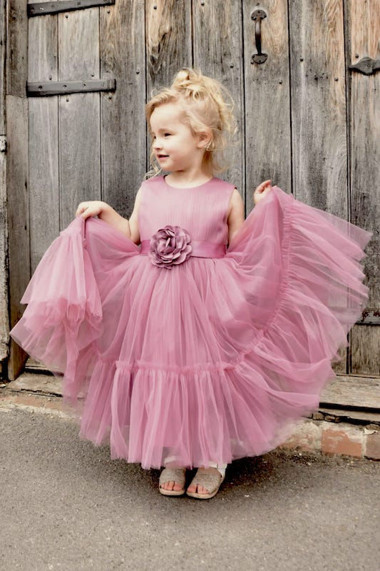Girls Dusky Pink Petal Sash Flower Girl Dress - Mila