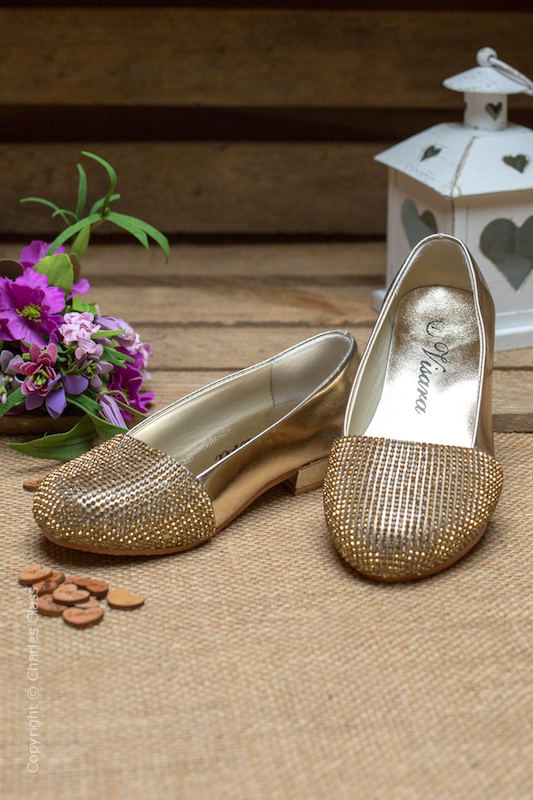 Girls Gold Sparkle Diamante Metallic Shoes