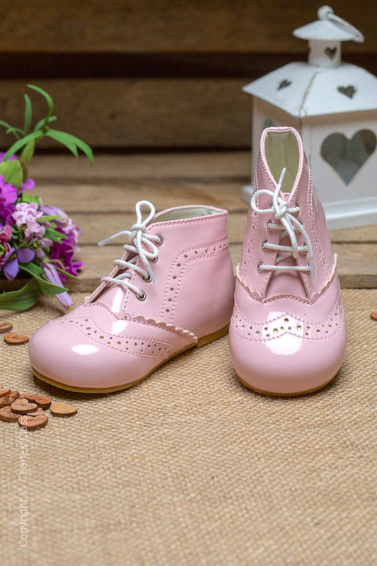 Girls Pink Brogue Patent Leather Lace Up Boots