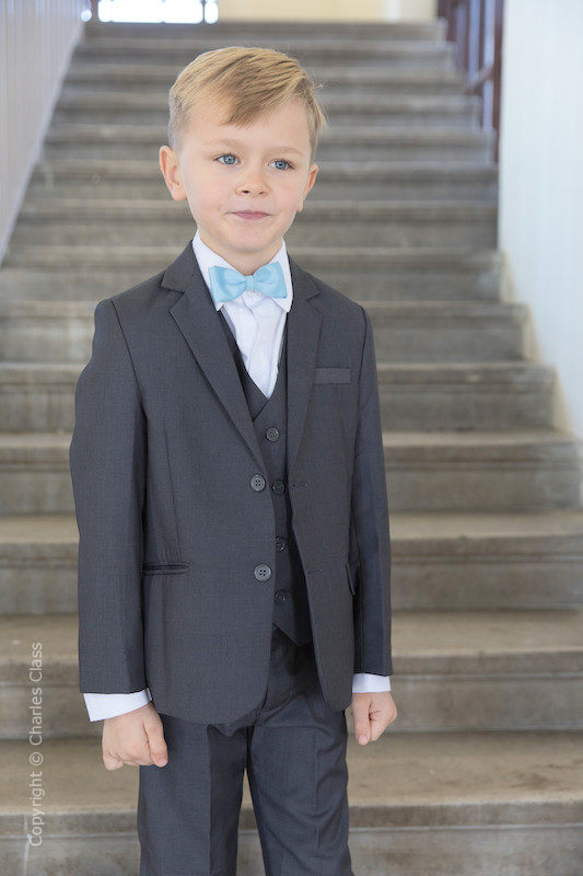 Boys Mid Grey Wedding Suit with Sky Blue Dickie Bow | Charles Class