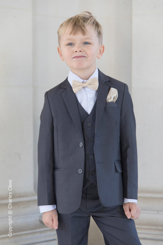 Boys Mid Grey Wedding Suit | Boys Suit with Champagne Bow Tie Set