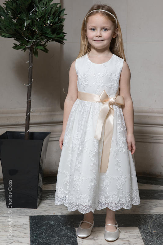 Girls Ivory Lace Flower Girl Dress with Champagne Sash | Charles Class