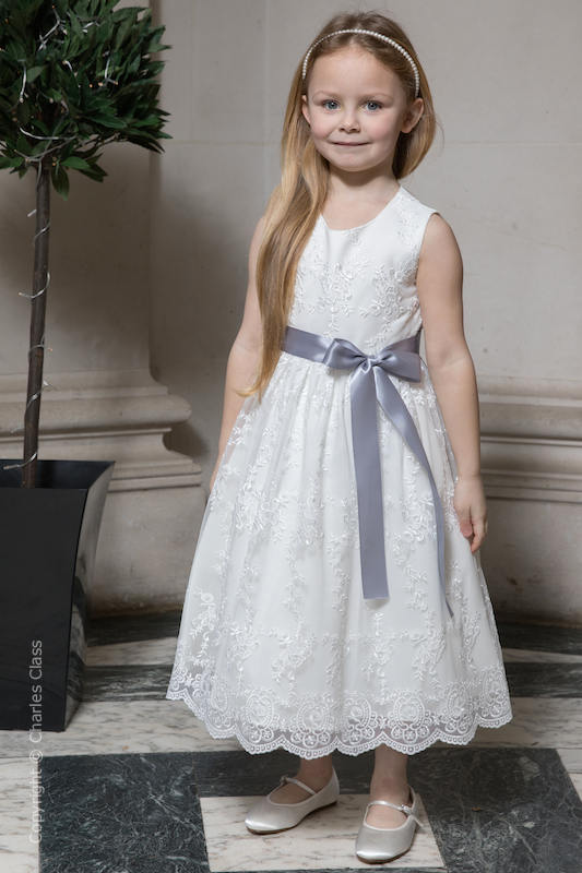 Girls Ivory Lace Silver Sash Dress | Flower Girl Dress | Charles Class
