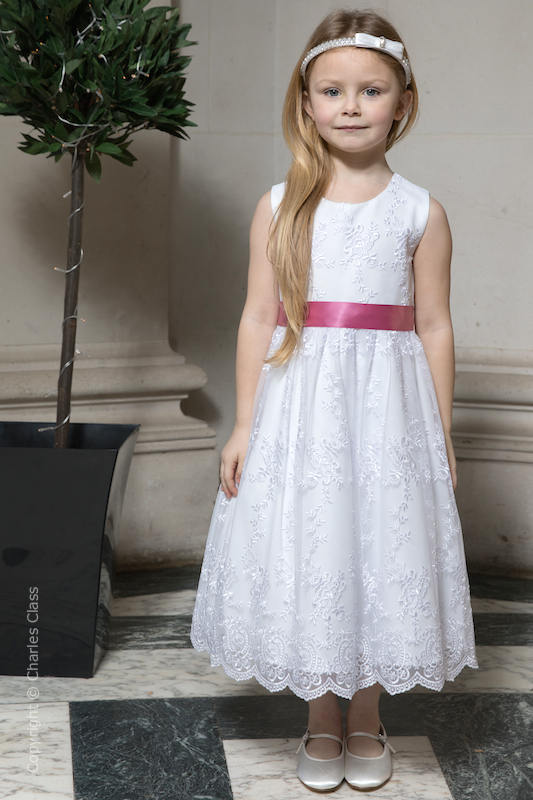 Girls White Lace Flower Girl Dress with Dusky Pink Sash | Charles Class