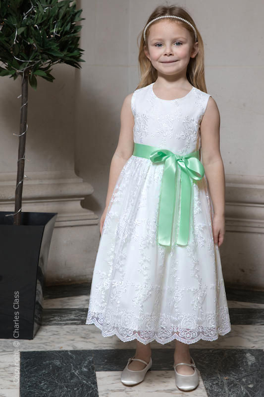 Girls White Lace Dress with Mint Sash | Flower Girl | Charles Class