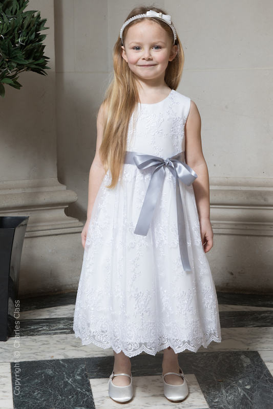 Girls White Lace Silver Sash Dress | Flower Girl Dress | Charles Class