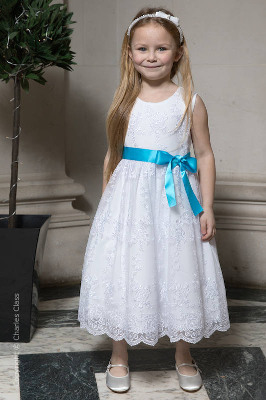 Girls White Lace Flower Girl Dress with Turquoise Sash | Charles Class