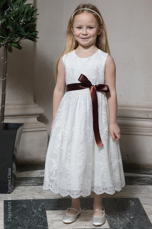 Girls Ivory Lace Flower Girl Dress with Brown Sash | Charles Class