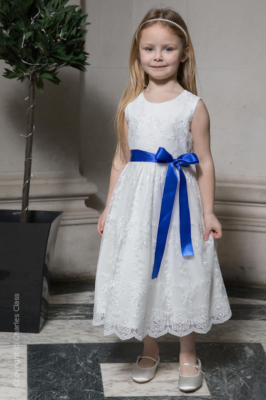 Girls Ivory Lace Dress with Royal Sash | Flower Girl Dress | Charles Class