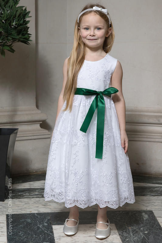 Girls White Lace Dress with Bottle Green Sash | Flower Girl | Charles Class