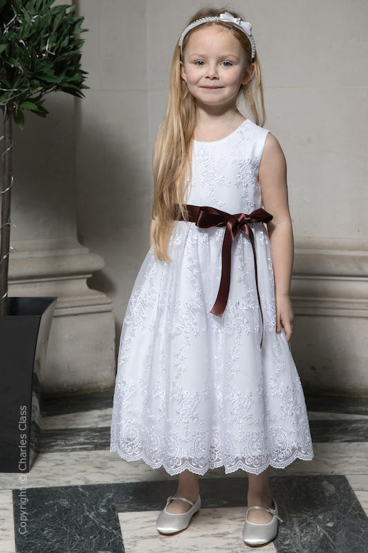 Girls White Lace Flower Girl Dress with Brown Sash | Charles Class