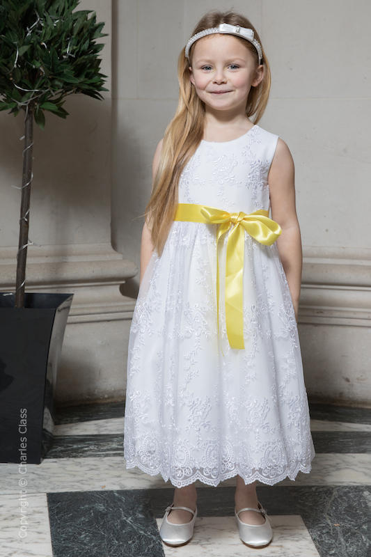 Girls White Lace Dress | Flower Girl Dress with Lemon Satin Sash