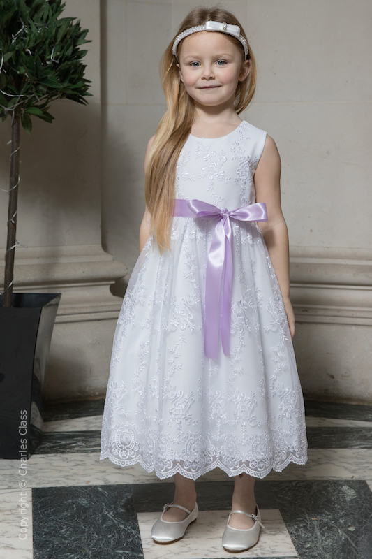 Girls White Lace Dress | Flower Girl Dress with Lilac Satin Sash