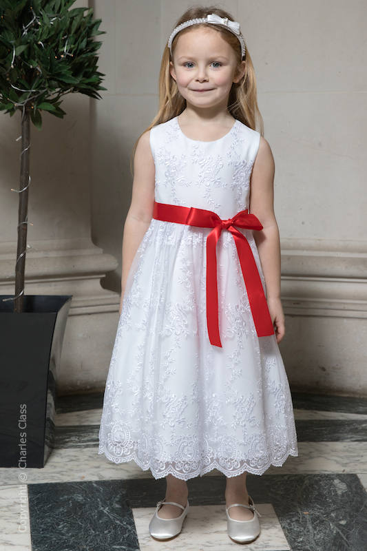Girls White Lace Flower Girl Dress with Red Sash | Charles Class