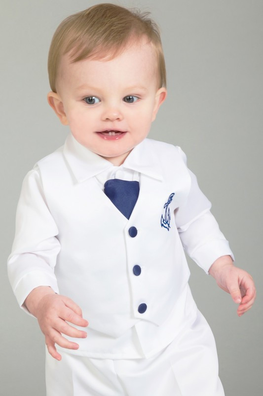 Baby Boys White with Navy Nautical Wedding Suit | Baby 5 Piece Suit