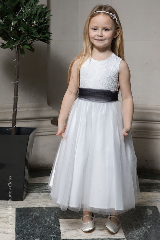 Girls White Embroidered Dress with Black Organza Sash | Flower Girl