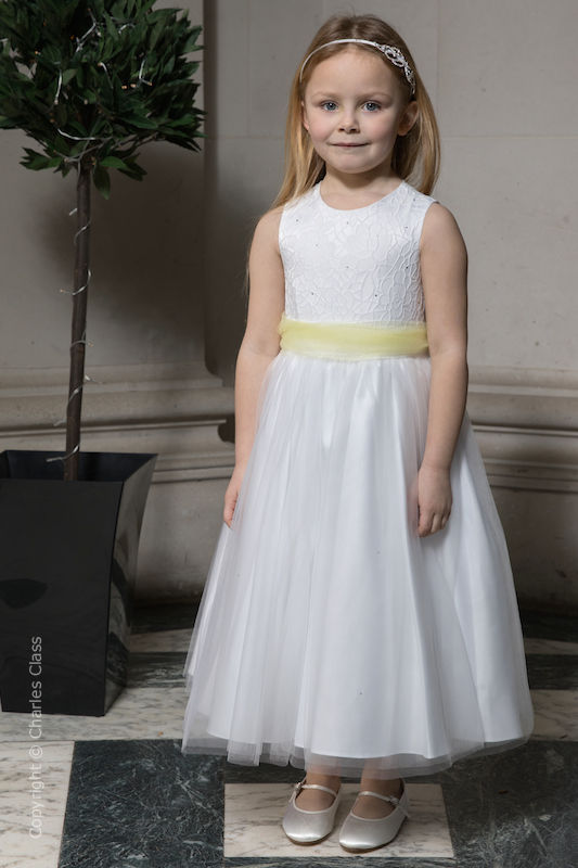Girls White Embroidered Dress with Lemon Organza Sash | Flower Girl