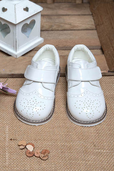 Boys White Patent Brogue Leather Velcro Shoes