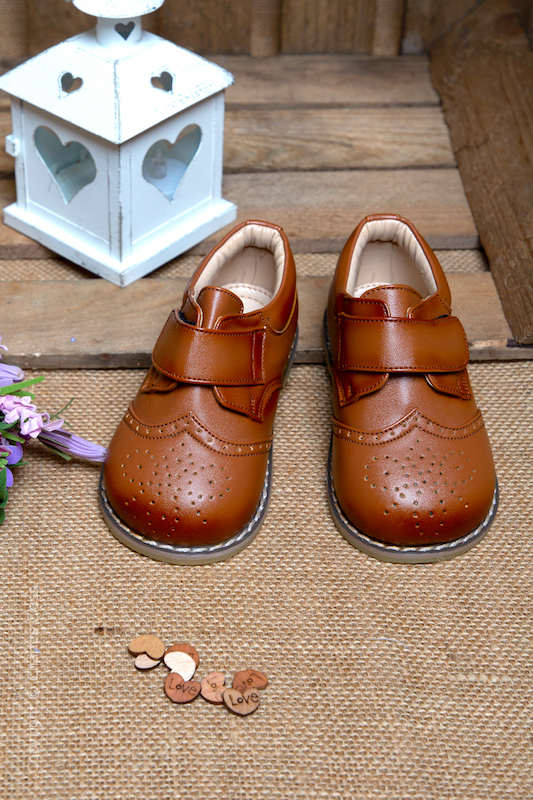 Boys Brown Tan Brogue Leather Velcro Shoes