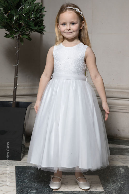 Girls White Embroidered Dress with Mint Organza Sash | Flower Girl