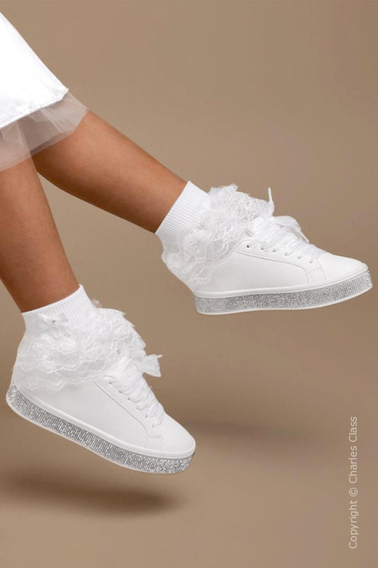 Girls White Communion Trainers with Diamant Trim - Witney