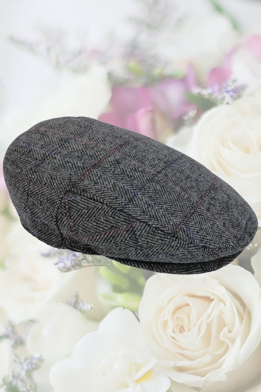 Younger Boys Grey Herringbone Check Flat Cap